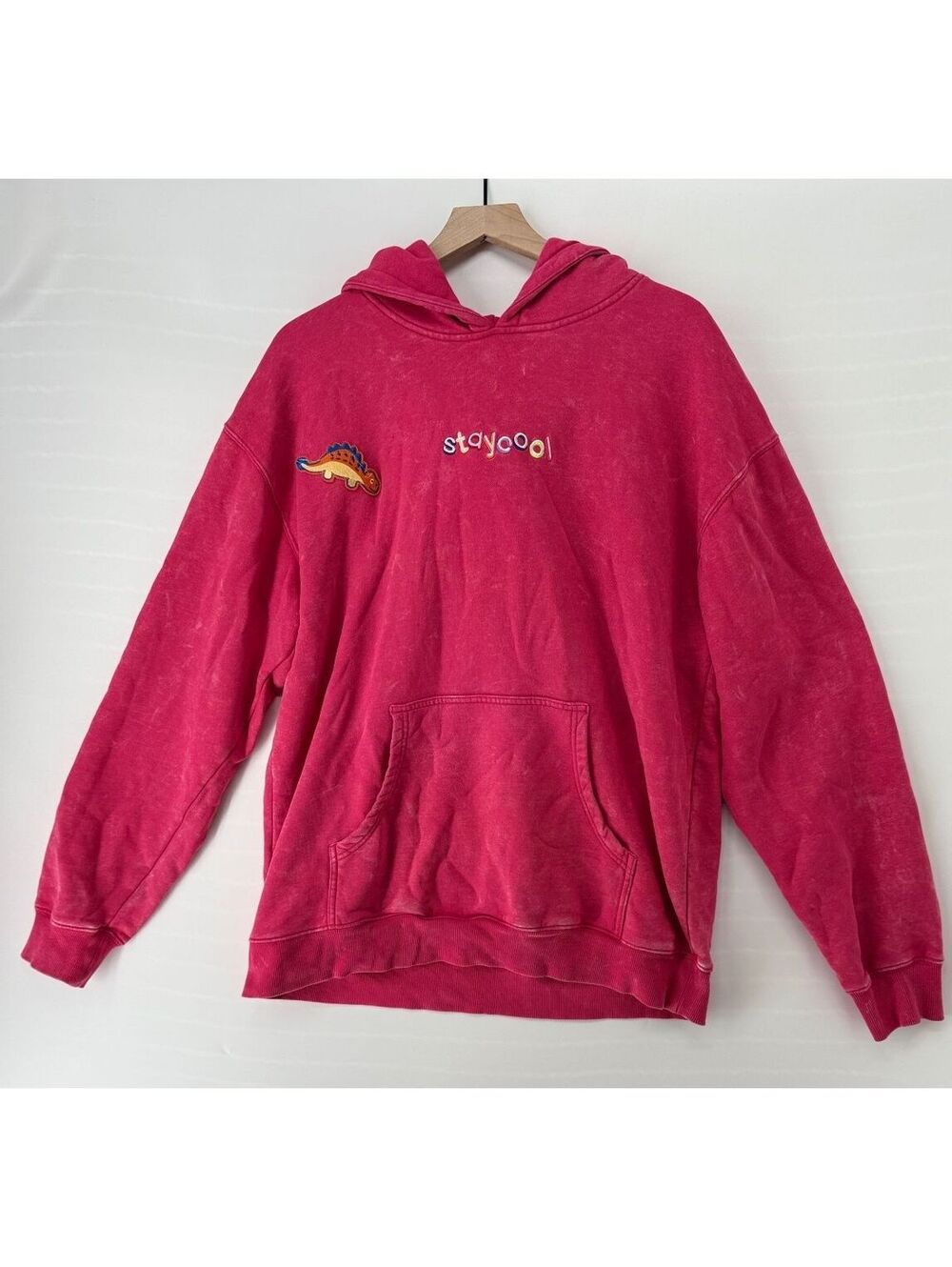 Stay Cool Acid Wash Hoodie L Pink Dinosaur Embroidered Y2K Oversized Pullover